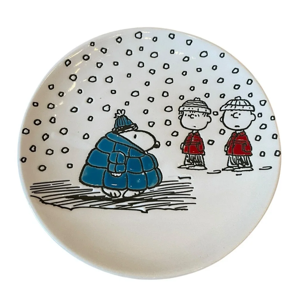 Peanuts Snoopy in Puffer Jacket Snow Appetizer Plates 6in Set of 4 Ceramic NEW
